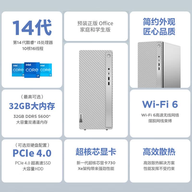 联想(Lenovo) 天逸510Pro 台式电脑整机(酷睿 i5-14400 16G 1T SSD WIFI Win11 键鼠)21.5英寸 商务办公家用学习娱乐图片