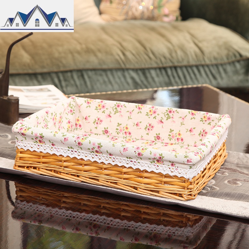 收纳筐藤编储物盒柳编篮子厨房桌面杂物盒陈列展示筐零食筐 三维工匠收纳篮 蜜糖色筐+花布内衬AI家庭装（大号二号三号四号）