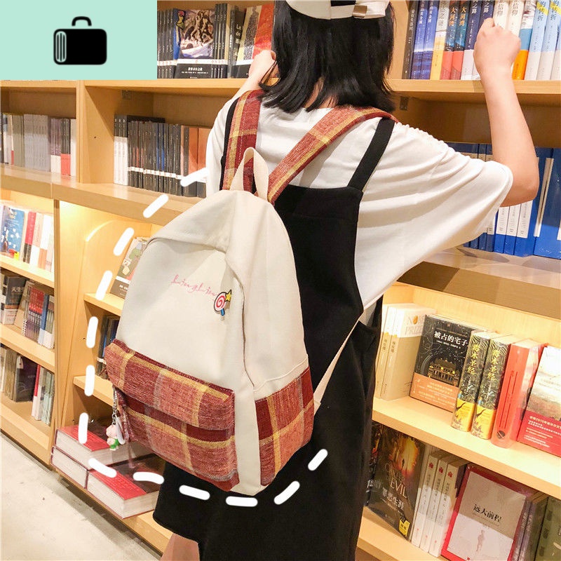 古着感少女书包女韩版高中ins风大学生校园背包格子双肩包女森系NEW LAKE高清大图