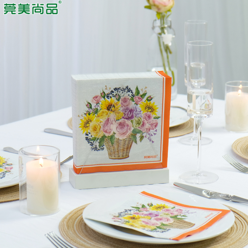 莞美尚品花开富贵花篮彩色餐巾纸原生木浆纸巾三层加厚家庭装10包