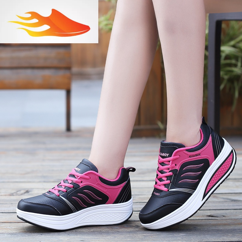 摇摇鞋女皮面运动鞋春秋2019新款百搭休闲增高旅游鞋厚底跑步女鞋休闲