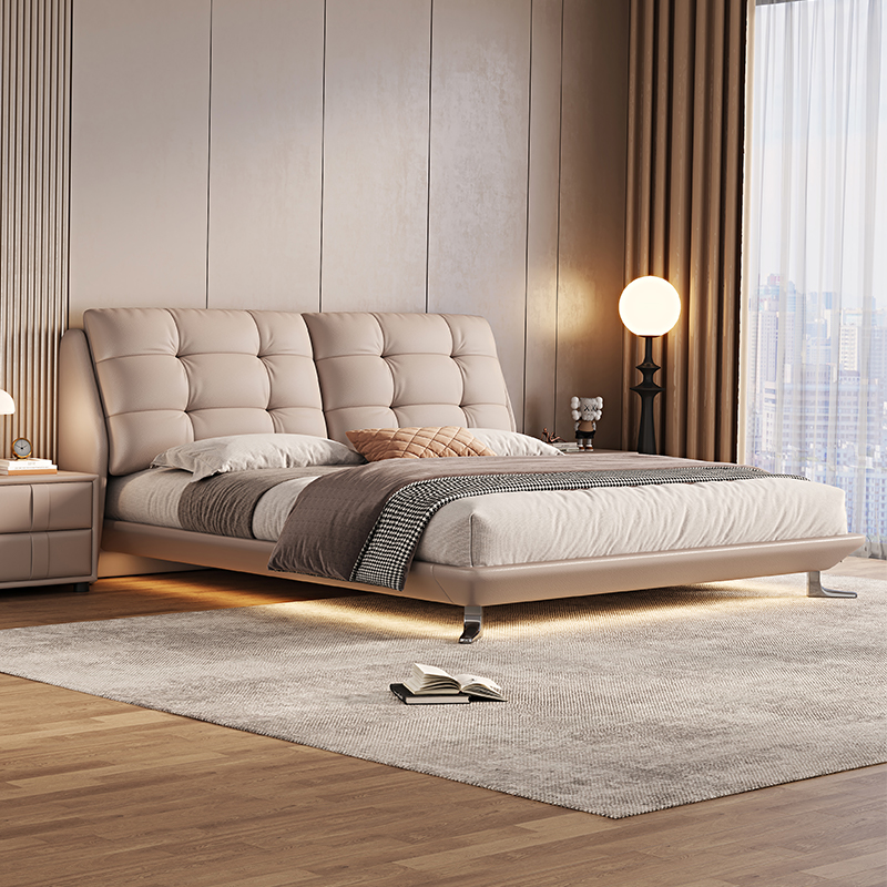 意式真皮床轻奢现代简约双人床鸭子脚满铺悬浮床家用软包婚床高清大图