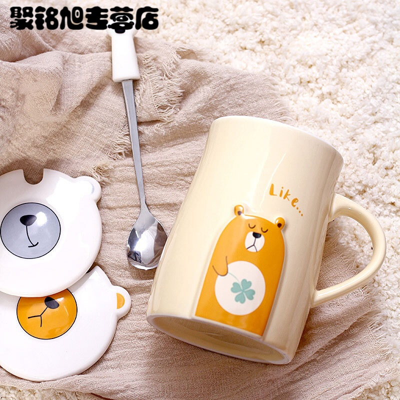 创意卡通杯子陶瓷杯咖啡牛奶杯情侣杯大容量水杯可爱马克杯带盖勺