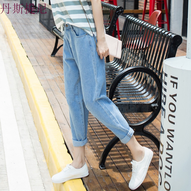 春秋bf风宽松牛仔裤女浅色哈伦高腰韩版学生原宿阔腿直筒裤子潮夏浅蓝色无破洞