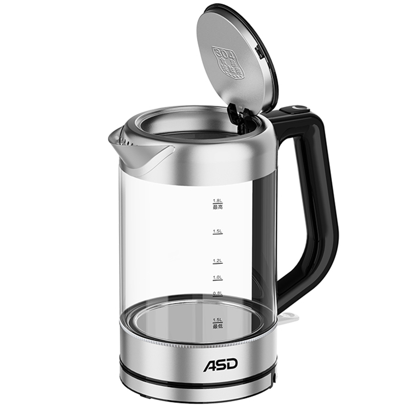 爱仕达asdawd18b128玻璃电水壶18升大容积高硼硅壶身蓝光显示电热水壶