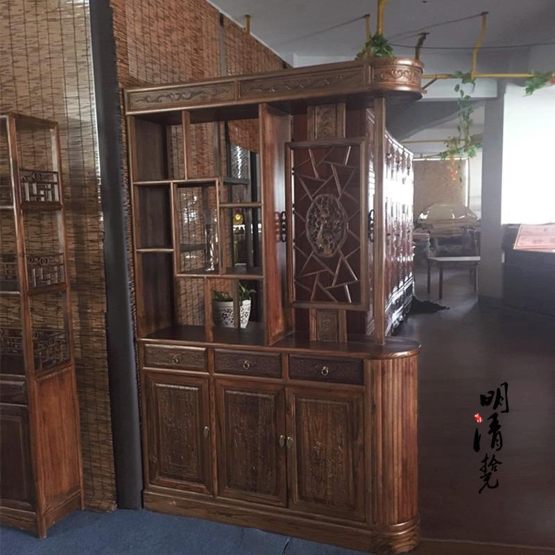 新中式实木厅玄关柜双面花仿古家具榆木鞋柜屏风隔断储物 龙柱3款长136*37*高210整装框架结构