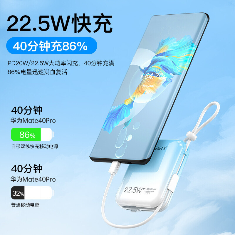 品胜充电宝10000毫安(天空蓝)22.5W超级快充移动电源PD20W快充自带双线(苹果+Type-C)iPhone华为
