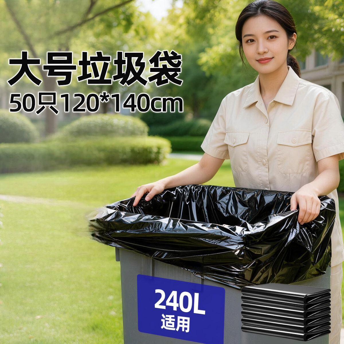 雷达物业大垃圾袋黑120*140cm50只单面2.5丝保洁酒店食堂加厚款垃圾袋