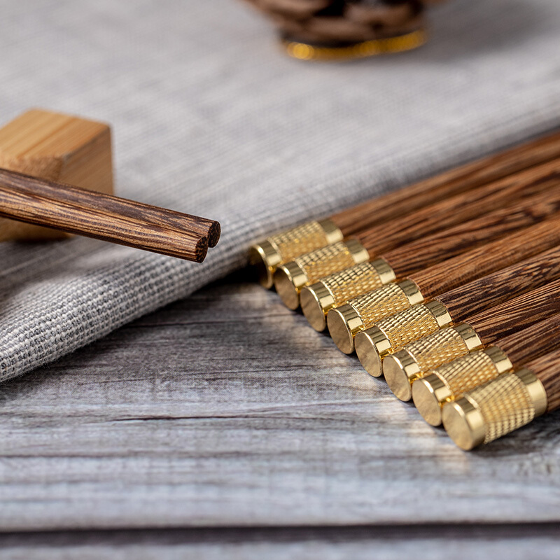 拾画 无漆无蜡家用防滑鸡翅木筷子 创意铜头木 金色筷子 十双装 SH-6325高清大图