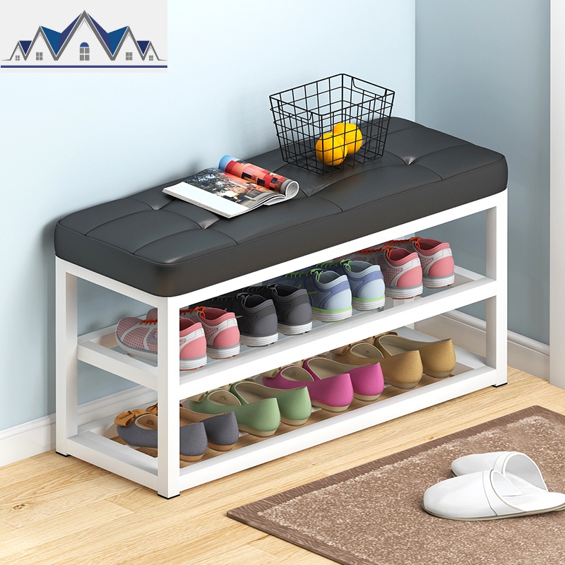 铁艺鞋架简易家用多层可坐换鞋凳鞋柜收纳防尘口现代简约储物凳 三维工匠收纳凳高清大图