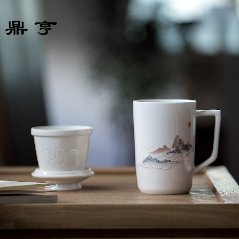 鼎亨千里江山德化白瓷中式茶杯陶瓷过滤带盖办公室泡茶杯茶水分离