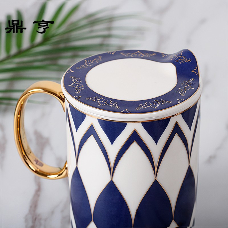 鼎亨情侣英伦风陶瓷马克杯杯子带盖勺办公室茶杯家用喝水咖啡牛奶