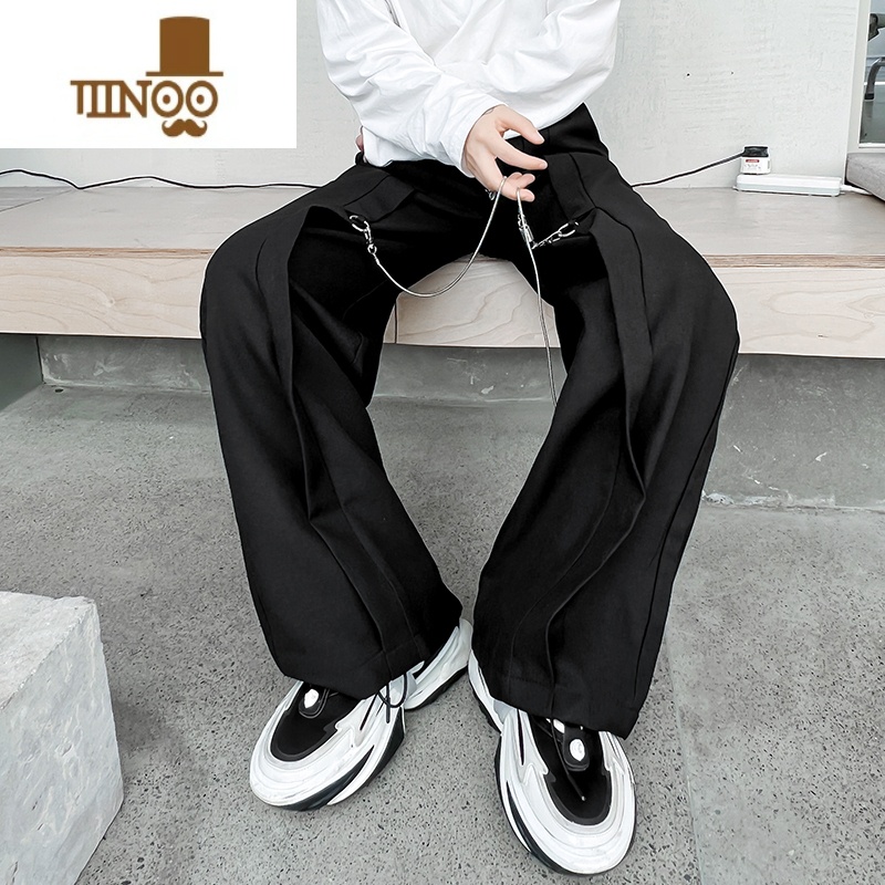 YANXU暗黑系金属链条装饰休闲阔腿裤男设计感时尚直筒长裤西裤拖地高清大图