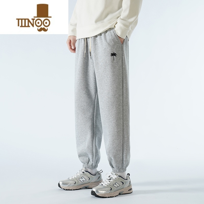 YANXU运动裤子男士款刺绣休闲长裤束脚卫裤美式大码潮牌黑色 刺绣束脚灰色 S