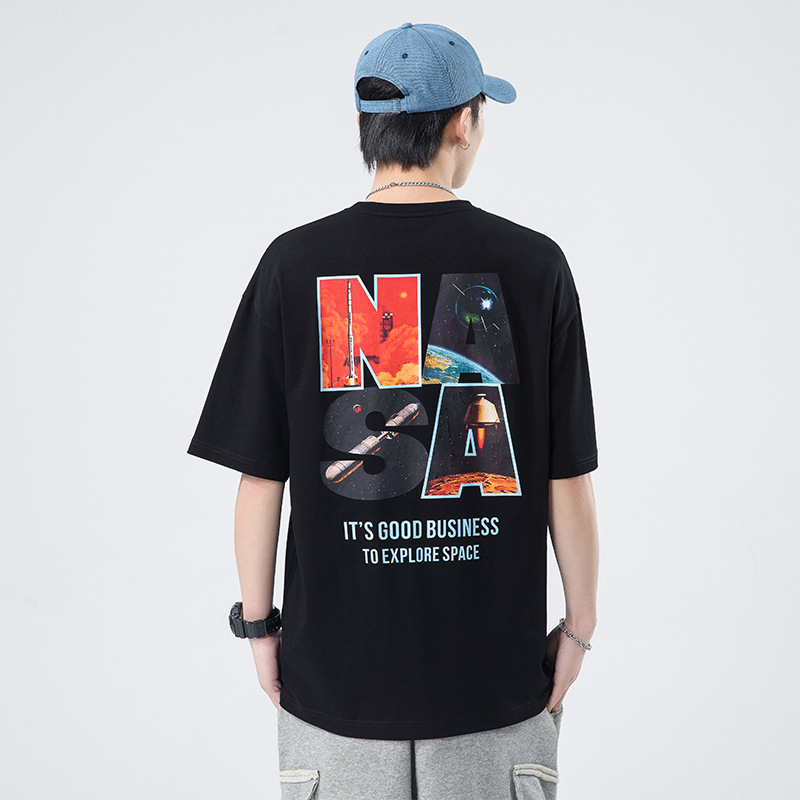 男装潮牌夏季重磅短袖T恤韩版NASA字母烫画纯棉男士五分袖打底衫