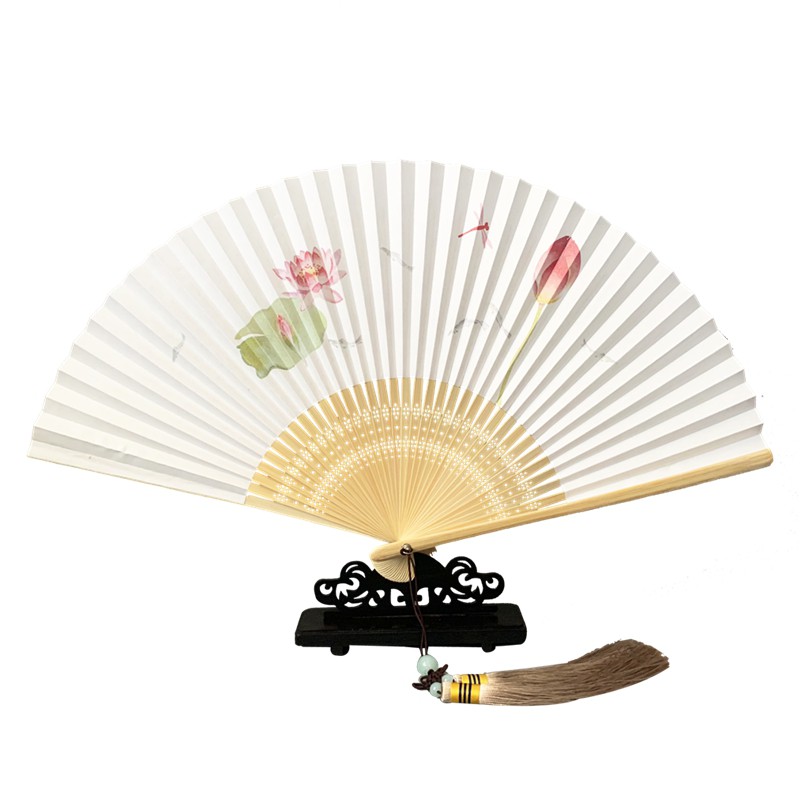 中国风8寸28方串扇双面男女士纸扇手绘古风手工折扇子折叠工艺扇 三维工匠 荷花高清大图