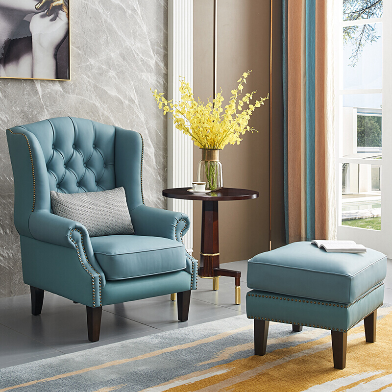 美式乡村真皮老虎椅单人沙发小户型客厅卧室酒店皮质沙