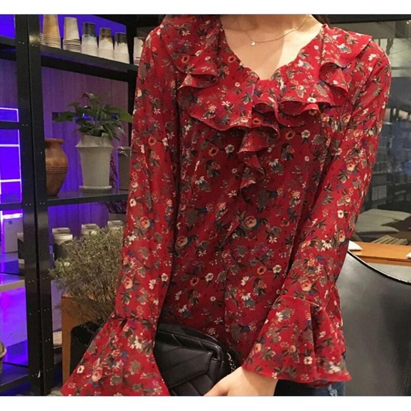 红色碎花雪纺衫韩版喇叭袖长袖荷叶边宽松上衣娃娃衫女