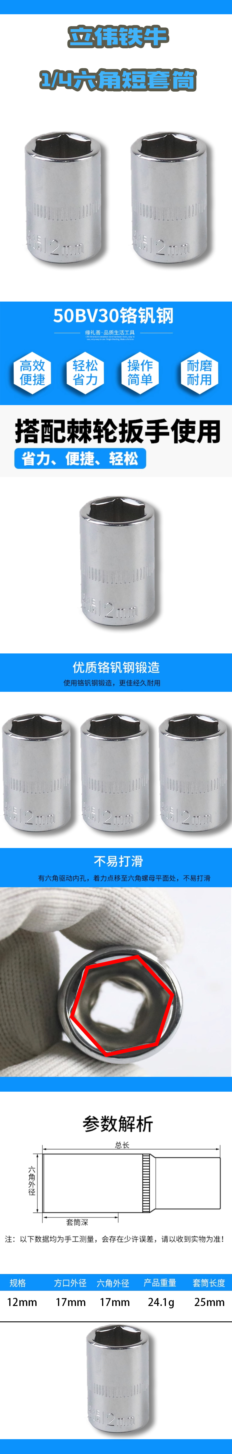 立伟铁牛1/4六角短套筒12mm/个高清大图