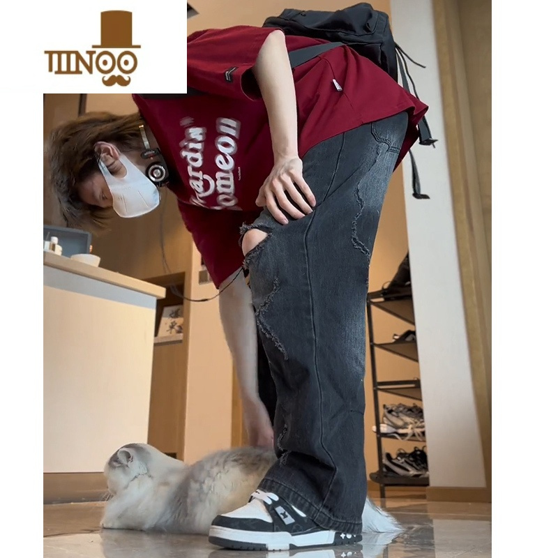 YANXU美式复古做旧乞丐破洞牛仔裤男潮牌长裤夏季直筒宽松街头阔腿裤子