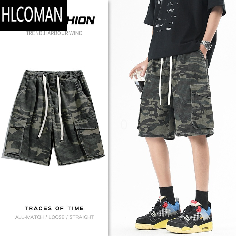 HLCOMAN迷彩工装短裤男夏季2025新款美式高街牛仔中裤宽松直筒休闲五分裤