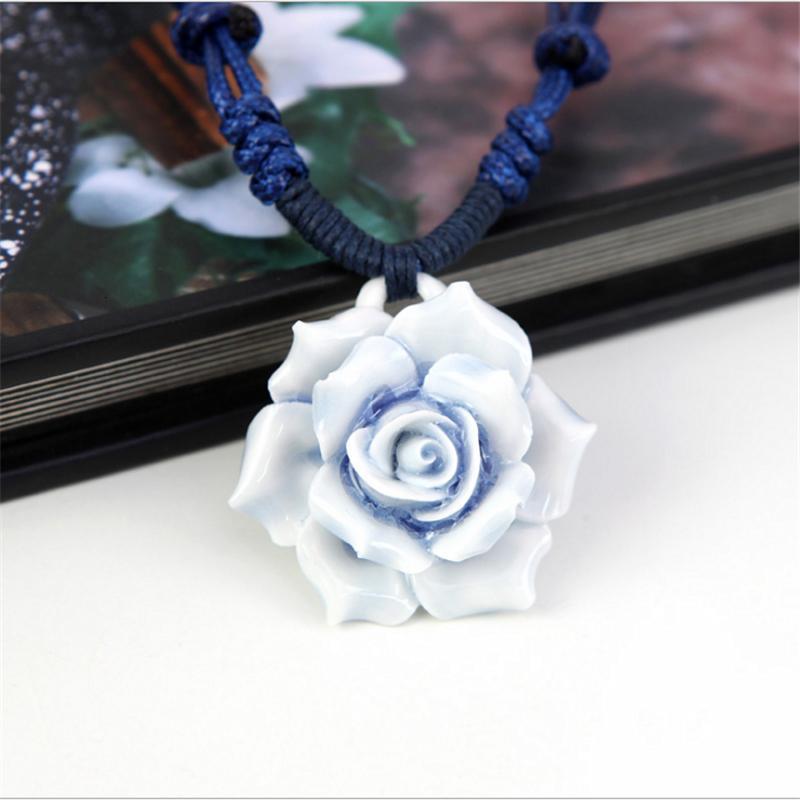 民手工陶瓷项链青花瓷玫瑰春款坠时尚饰品送女朋友七夕情人节礼物