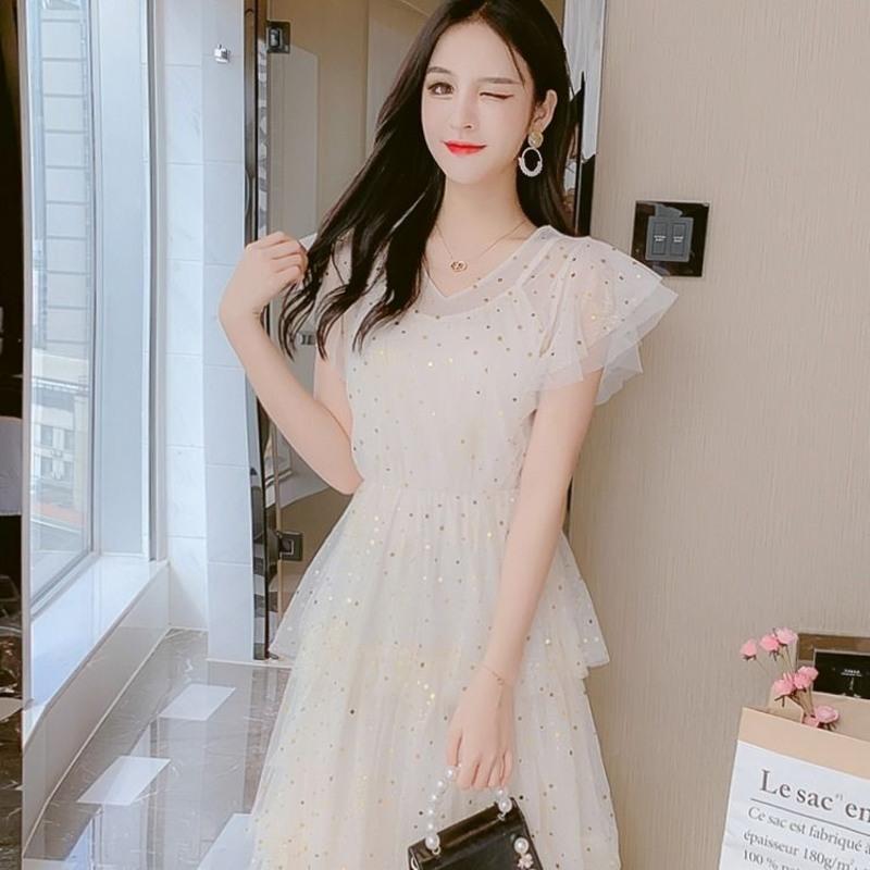超仙森系网纱显瘦连衣裙女2021春装新款长裙蛋糕裙亮片短袖裙子潮 绿色 S