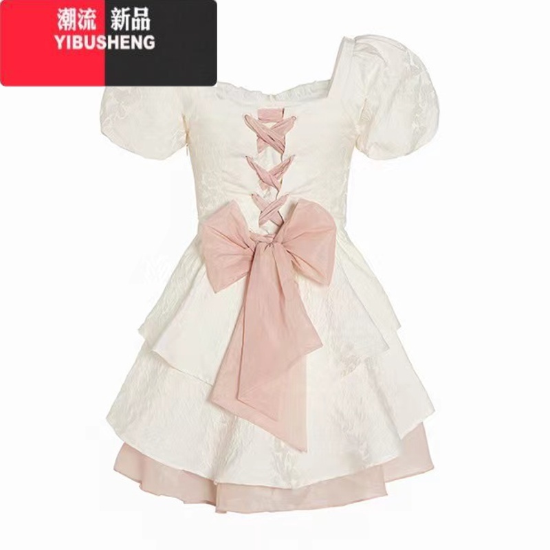 YIBUSHENG法式仙女蝴蝶结连衣裙女季高级感气质蓬蓬公主裙收腰小个子短裙高清大图