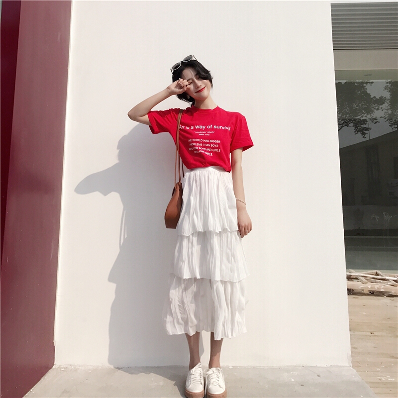 夏季褶皱奶油裙高腰仙女文艺少女显瘦中长款ins原宿风半身裙学生yy 白色 均码