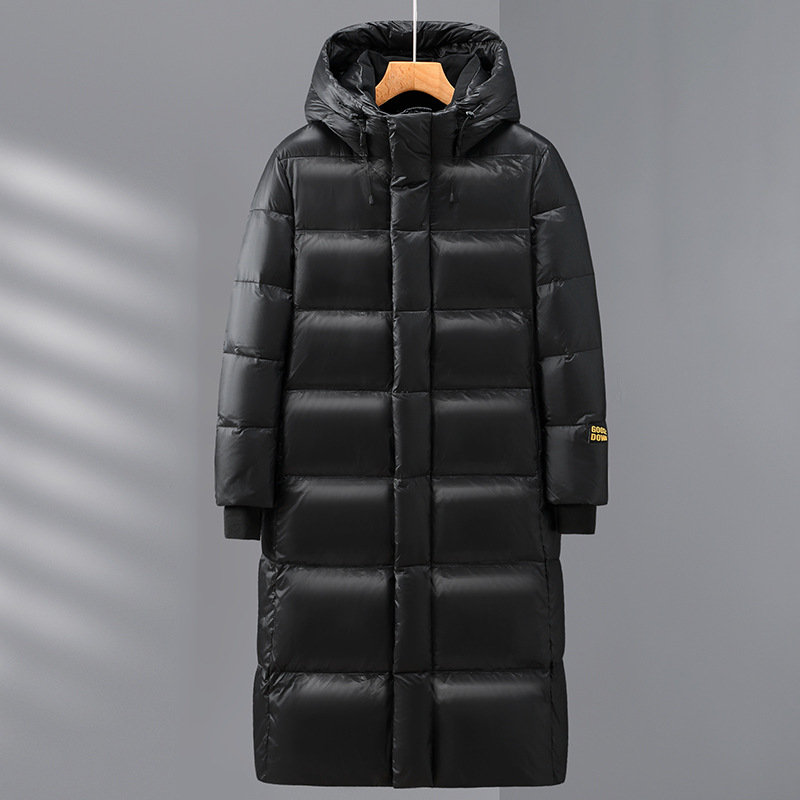 JPDUN男士羽绒服黑金长款过膝批发八格羽绒服男女同款时尚潮流加绒加厚白鹅绒外套 黑色 XL