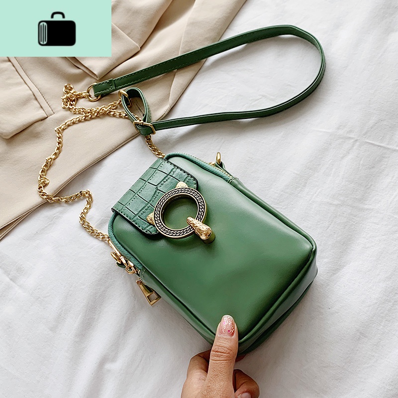小包包女2020新款韩版百搭链条单肩斜跨包零钱小跨包双层手机包包NEWLAKE 绿色