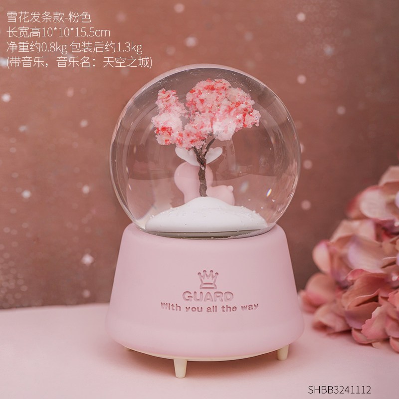 梦幻水晶球音乐盒八音盒旋转雪花带灯创意儿童女生孩房间生日 三维工匠 发条款-粉