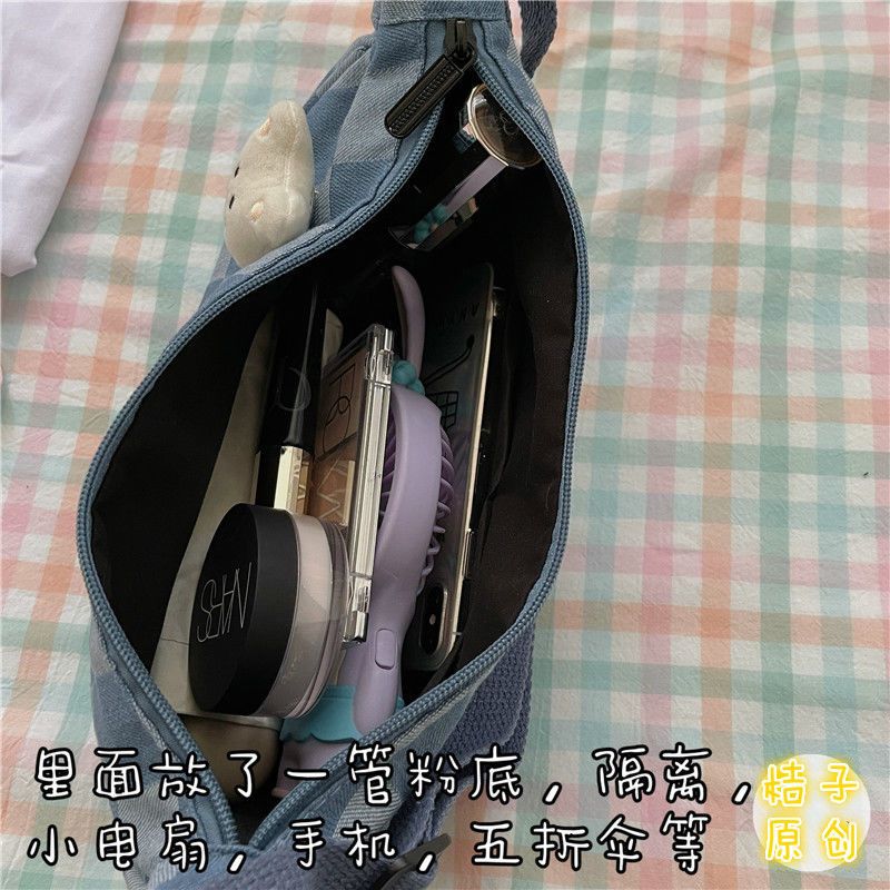 韩国ins水洗牛仔格子饺子包ulzzang日系原宿小众复古小包包斜挎包 牛仔布饺子包(无挂件) 收藏店铺 送礼物 优先发