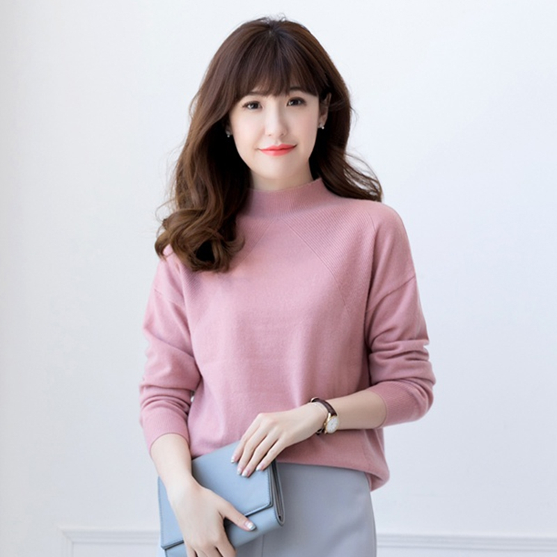 秋冬新款韩版半高领套头毛衣纯色宽松针织打底女暖色系纯羊绒
