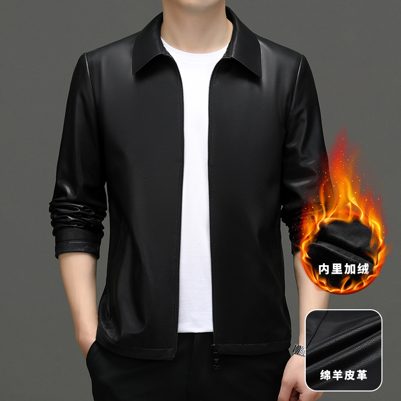 100纯羊皮头层真皮皮衣男加绒加厚皮夹克绵羊皮机车海宁头层春秋季外套男士真皮头层皮纯皮外套中年皮夹克男 加绒翻领黑色头层皮 175/88A