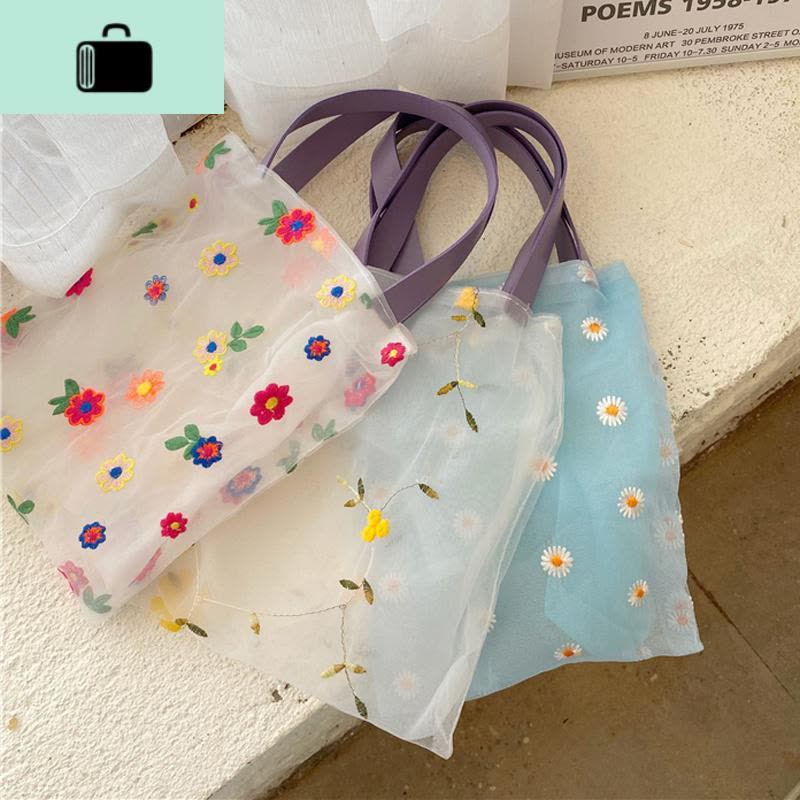 夏季2020新款小清新刺绣花朵透视网纱手提沙滩袋购物小包少女包包NEW LAKE女手包图片