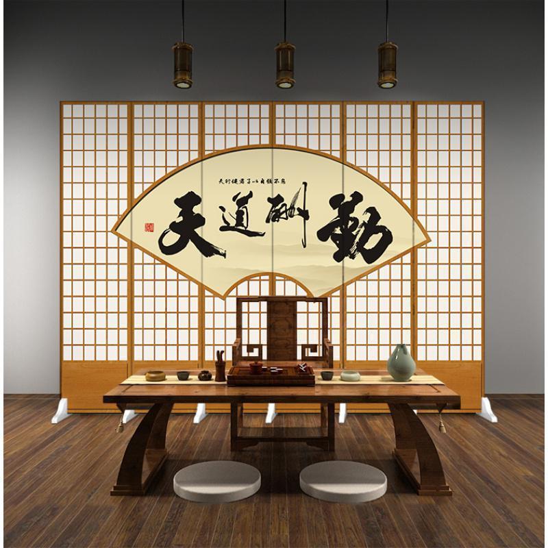 森美人日式仿木纹格子屏风隔断客厅现代简约双面移动布艺时尚可折叠折屏 白色6扇防透宽2.4米