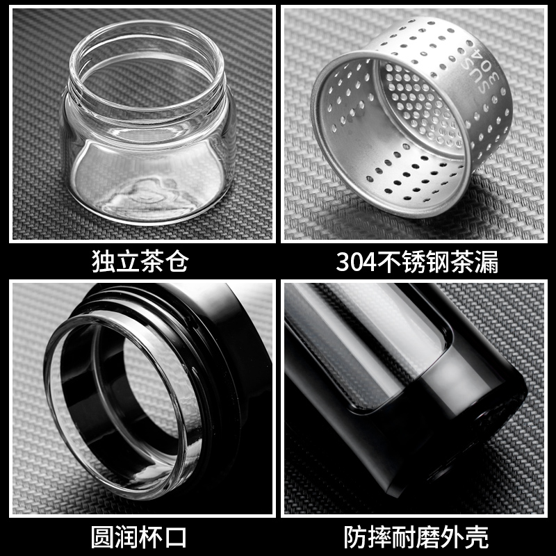 玻璃水杯男定制logo创意防摔双层便携家用茶水分离泡茶杯子女 升级款茶水分离-蓝色+杯套+杯刷400ML高清大图