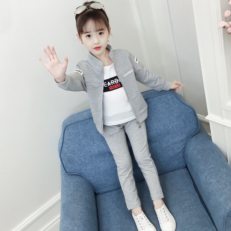 儿童套装中大童运动服装时尚女孩小女生小学生5岁6岁7岁8120cm灰色