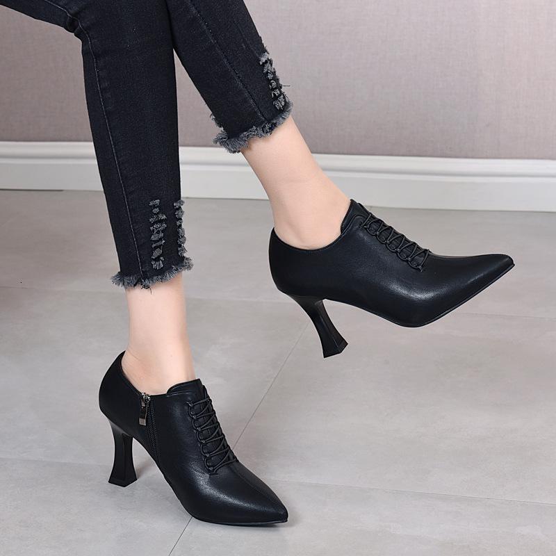 权小威高跟鞋女春秋季黑色细跟深口单鞋尖头英伦风秋冬软皮职业正装