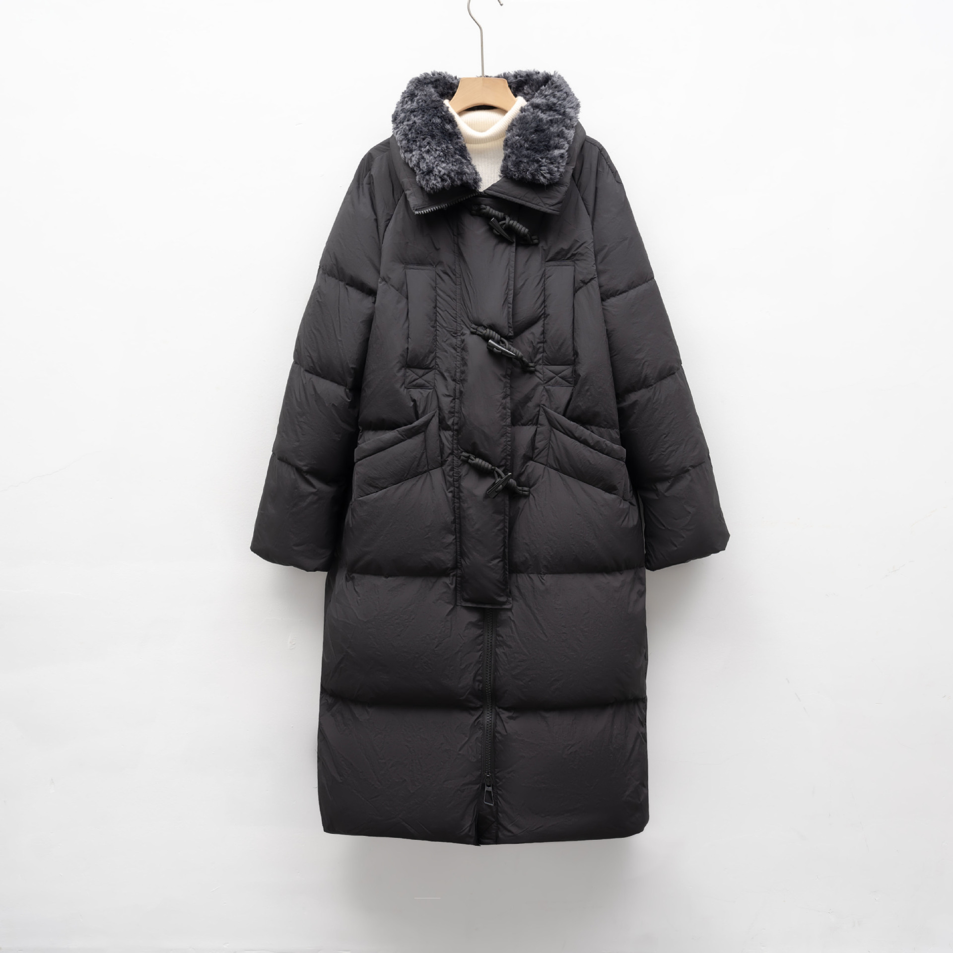 白鸭绒长款羽绒服女冬季新款简约毛领加厚宽松过膝外套潮高清大图