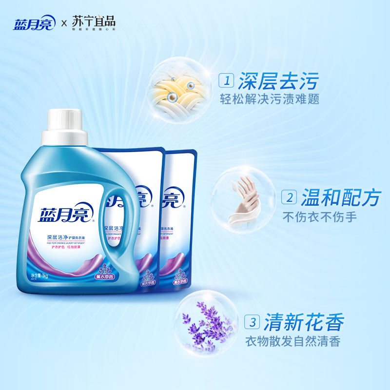 蓝月亮 洗衣护理家庭套装 深层洁净洗衣液1kg瓶+500g袋*2+柔顺剂袋装500g 深层洁净护衣留香防静电(薰衣草香)