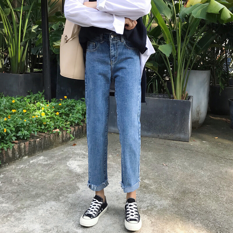 春装女装新款韩版松紧腰直筒裤毛边翻边宽松百搭牛仔裤九分裤显瘦蓝色