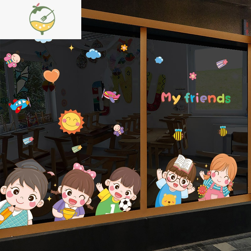 yicheng卡通可爱儿童墙贴画玻璃门贴纸幼儿园环创窗户贴双面装饰图案