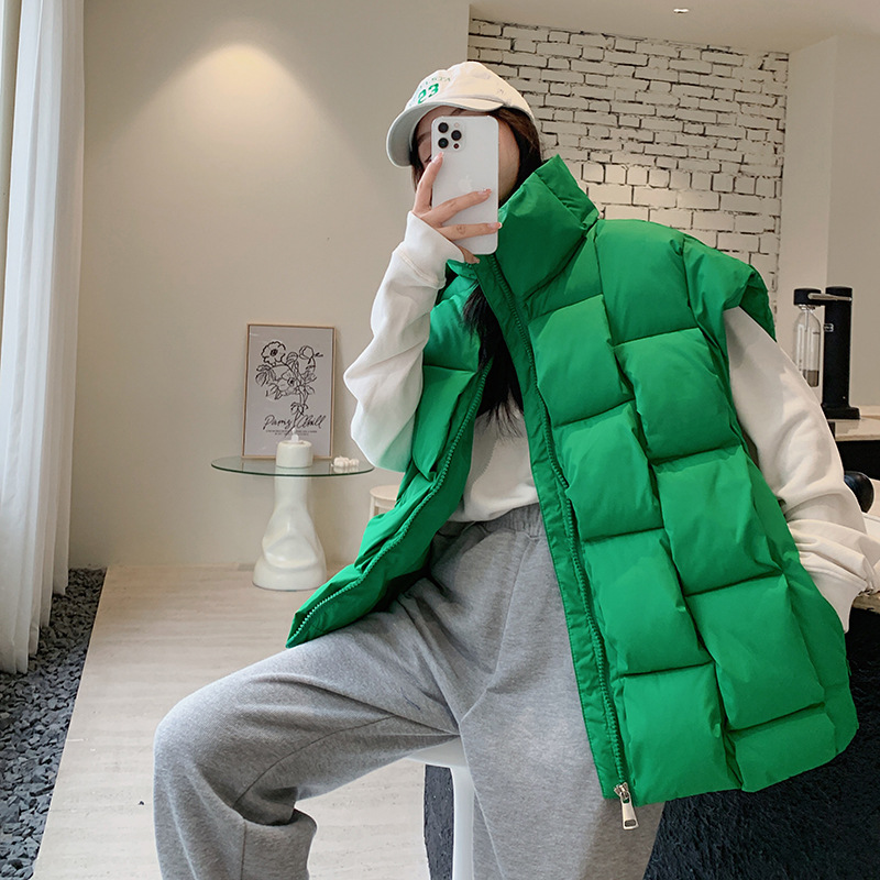 冬季新款立体编织时尚个性方块潮流保暖马甲2023韩版宽松百搭女士高清大图