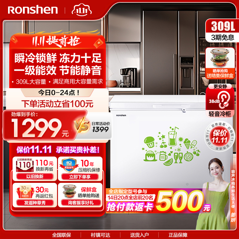 容声(Ronshen)309升家用商用卧式大冷冻柜 冷藏冷冻转换 大容量 一级能效(珍珠白)BD/BC-309MD