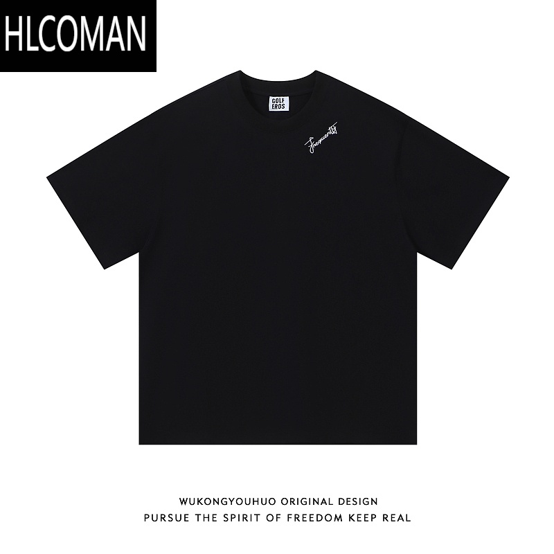 HLCOMAN潮牌美式简约刺绣圆领短袖T恤男女夏季宽松情侣半袖体恤 黑色 M