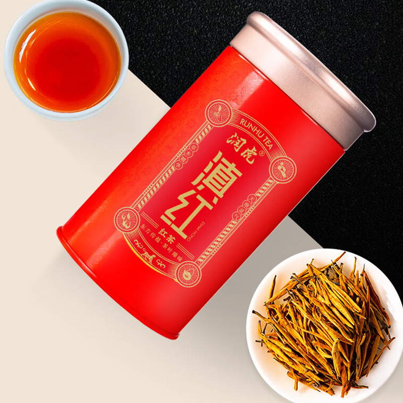 润虎茶叶滇红金针茶汤透亮色泽均匀香气袭人密封防潮铁罐装60g高清大图