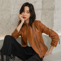 举翼王子海宁新款真皮夹克立领短款韩版修身皮衣外套女装