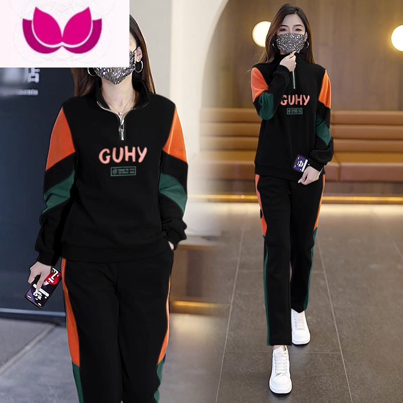 七斓时尚休闲运动套装女2023妈妈减龄时髦洋气卫衣卫裤大码套 3XL 黑色